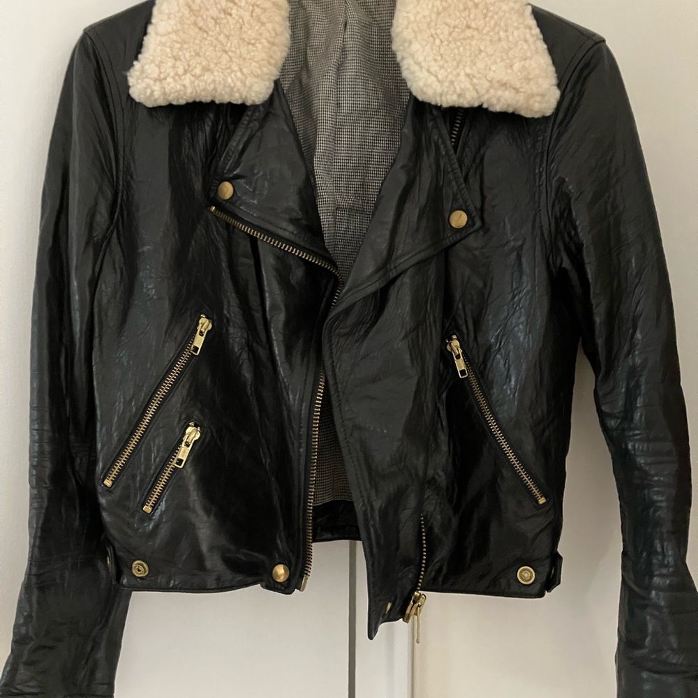 Acne Black Leather Jacket with Cream Shearling Collar